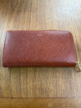 A.P.C. Burgundy Saffiano Leather Zip Around Wallet tan brown EUC